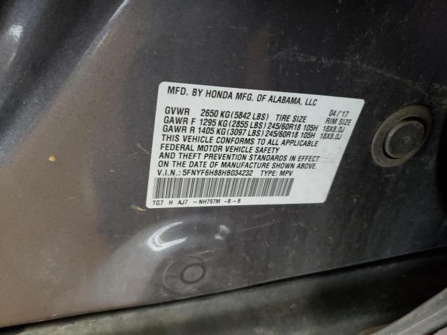 5FNYF6H88HB034232 Honda Pilot Exl 2017. Фото: 9