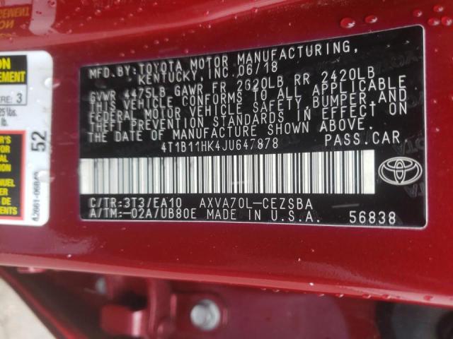4T1B11HK4JU647878 Toyota Camry L 2018. Фото: 9