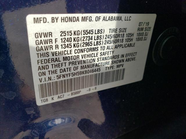 2019 HONDA PILOT EXL 5FNYF5H59KB046445