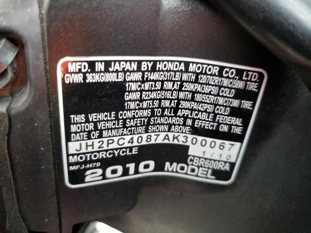 2010 HONDA CBR600 JH2PC4087AK300067