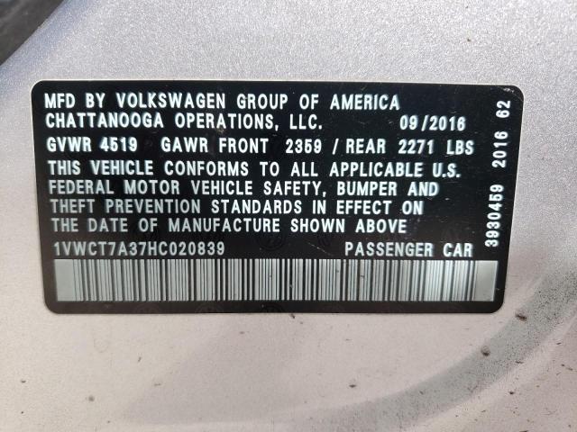 2017 VOLKSWAGEN PASSAT SEL 1VWCT7A37HC020839