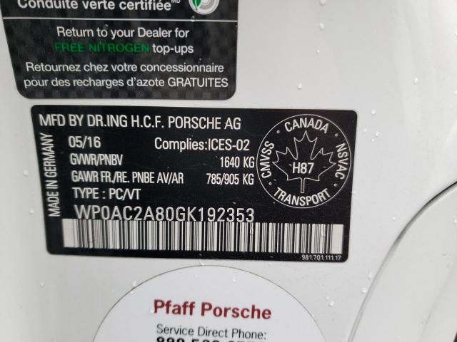 2016 PORSCHE CAYMAN GT4 WP0AC2A80GK192353
