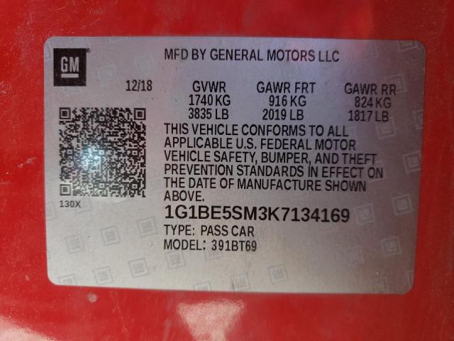 1G1BE5SM3K7134169 Chevrolet Cruze Lt 2019. Фото: 9