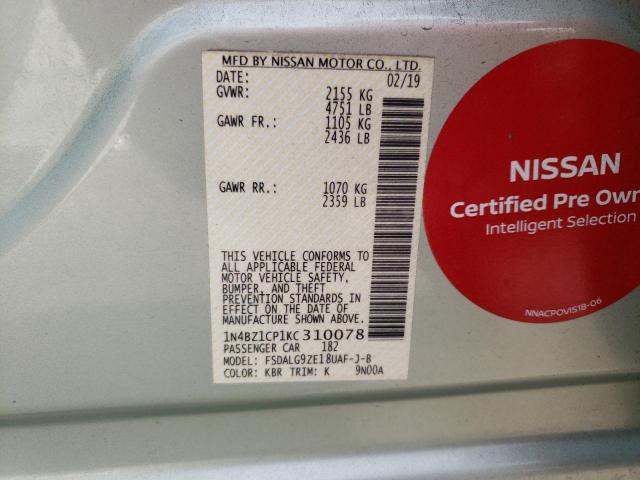 2019 NISSAN LEAF S PLU 1N4BZ1CP1KC310078