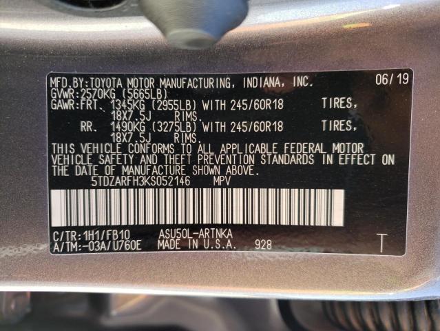 5TDZARFH3KS052146 Toyota Highlander 2019. Фото: 9