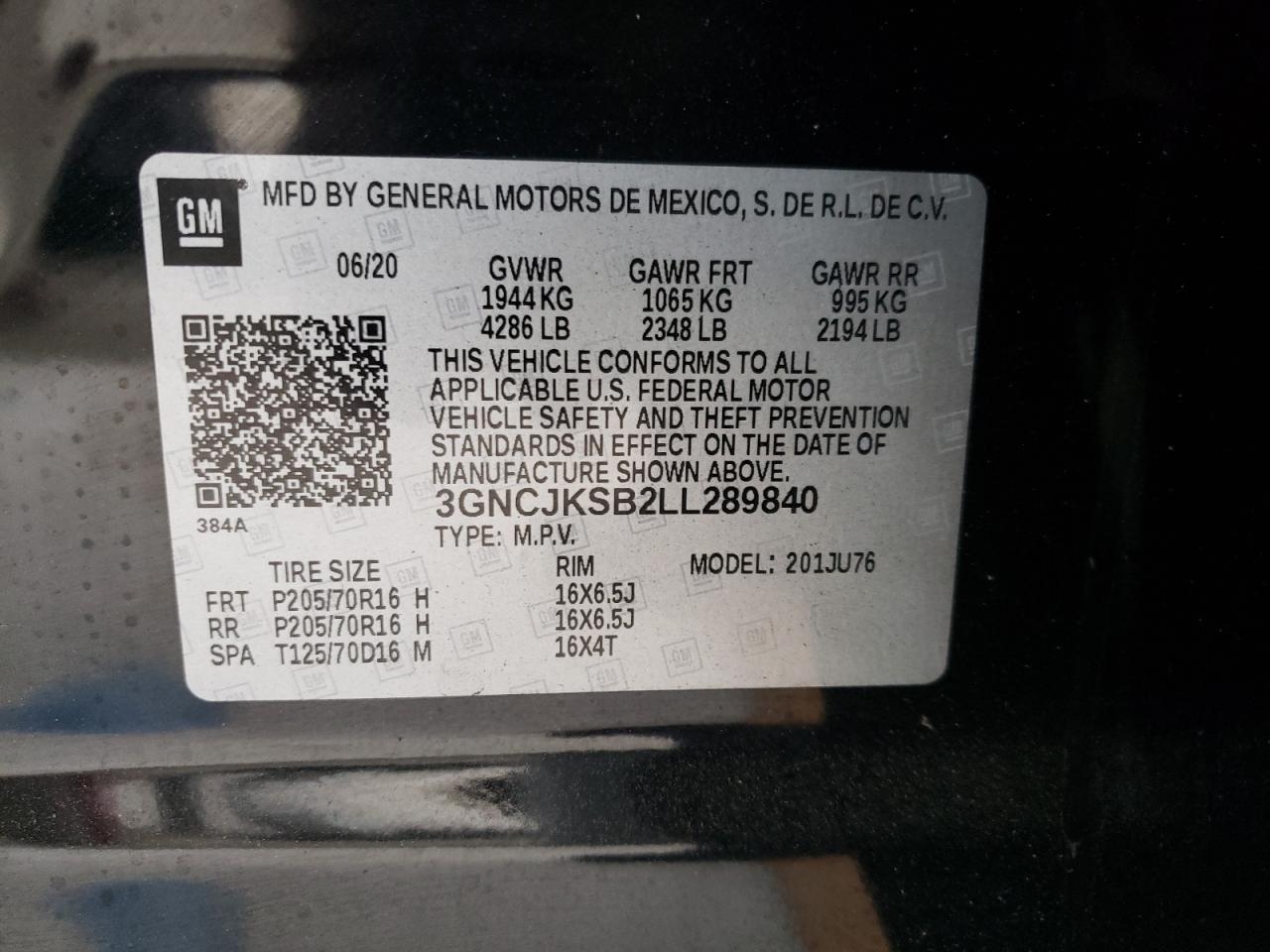 3GNCJKSB2LL289840 CHEVROLET TRAX 2020