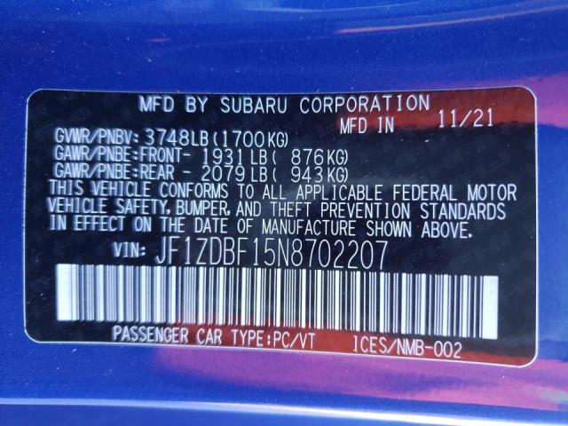 2022 SUBARU BRZ JF1ZDBF15N8702207