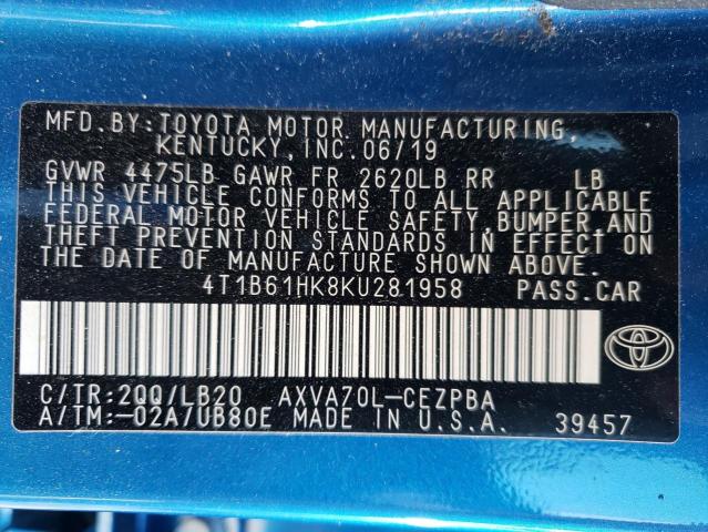 4T1B61HK8KU281958 Toyota Camry Xse 2019. Фото: 9
