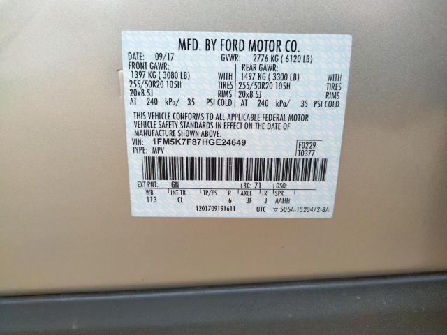 1FM5K7F87HGE24649 Ford Explorer L 2017. Фото: 9