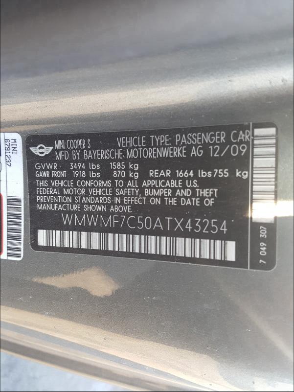 2010 MINI COOPER S WMWMF7C50ATX43254