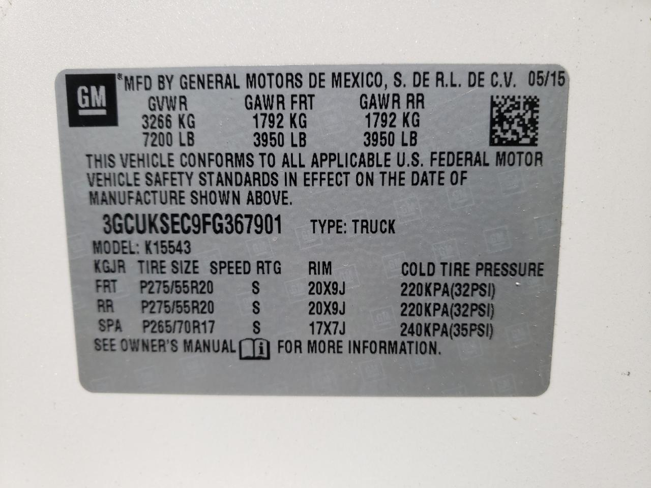 3GCUKSEC9FG367901 2015 Chevrolet Silverado K1500 Ltz