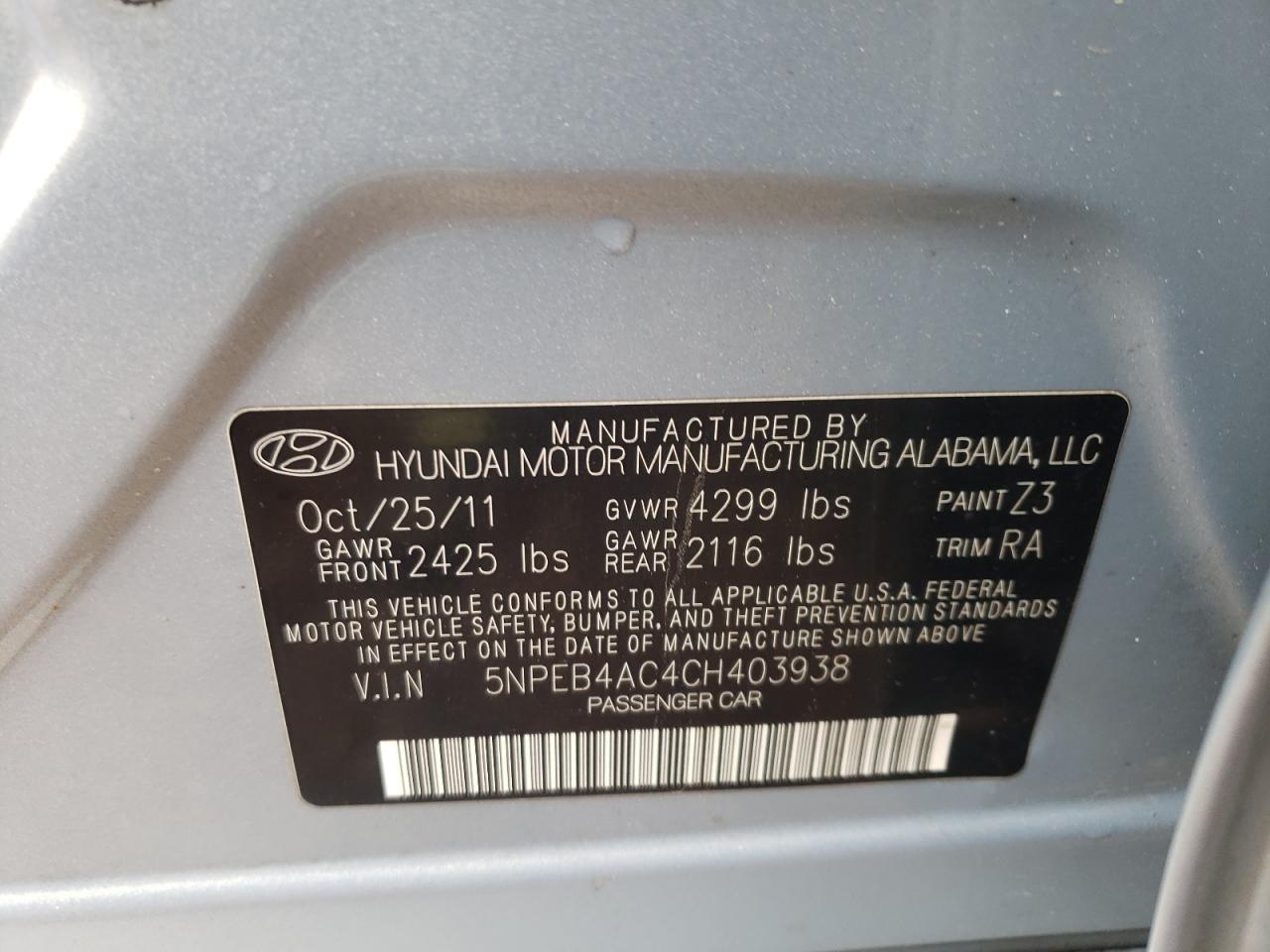 5NPEB4AC4CH403938 2012 Hyundai Sonata Gls