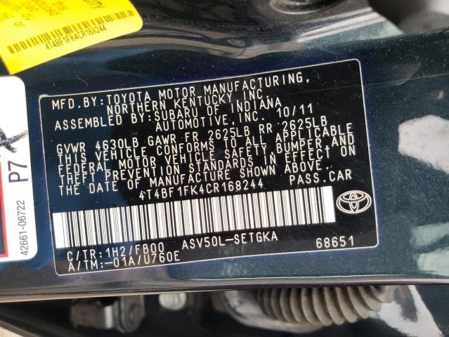4T4BF1FK4CR168244 Toyota Camry Base 2012. Фото: 9