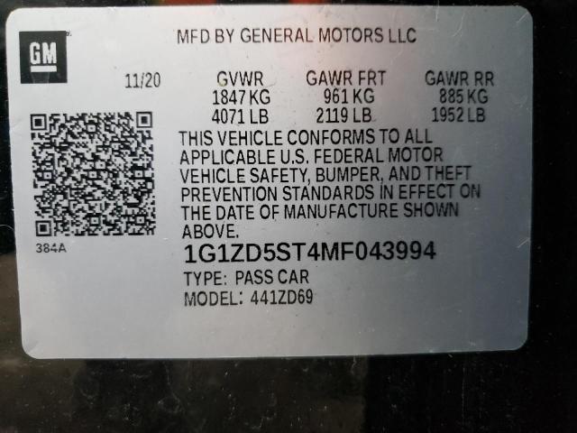 1G1ZD5ST4MF043994 Chevrolet Malibu Lt 2021. Фото: 9