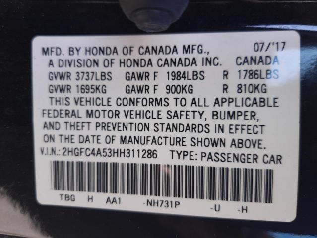 2HGFC4A53HH311286 Honda Civic Lx 2017. Фото: 9