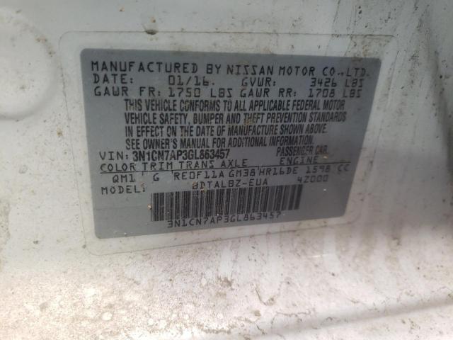 3N1CN7AP3GL863457 Nissan Versa S 2016. Фото: 9