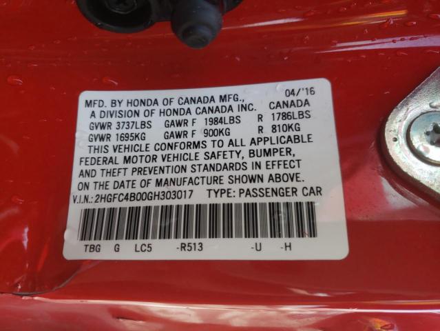 2HGFC4B00GH303017 Honda Civic Lx 2016. Фото: 9