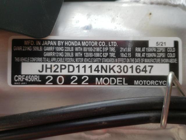 2022 HONDA CRF450 L JH2PD1114NK301647