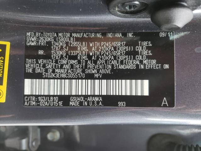 5TDZK3EH8CS055170 Toyota Highlander 2012. Фото: 9