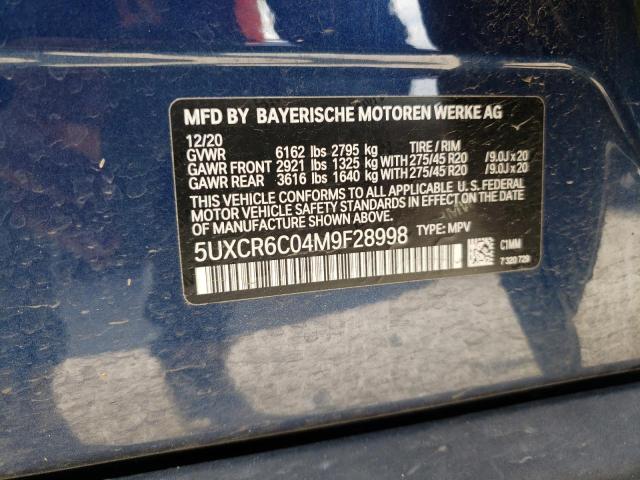 VIN 5UXCR6C04M9F28998 2021 BMW X5 no.10