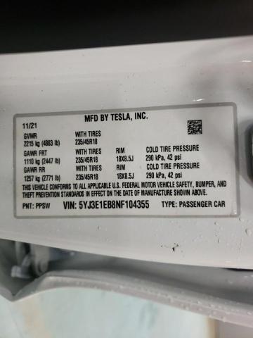 2022 TESLA 3 5YJ3E1EB8NF104355