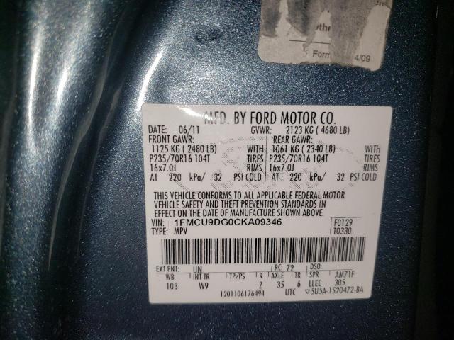 1FMCU9DG0CKA09346 Ford Escape Xlt 2012. Фото: 9