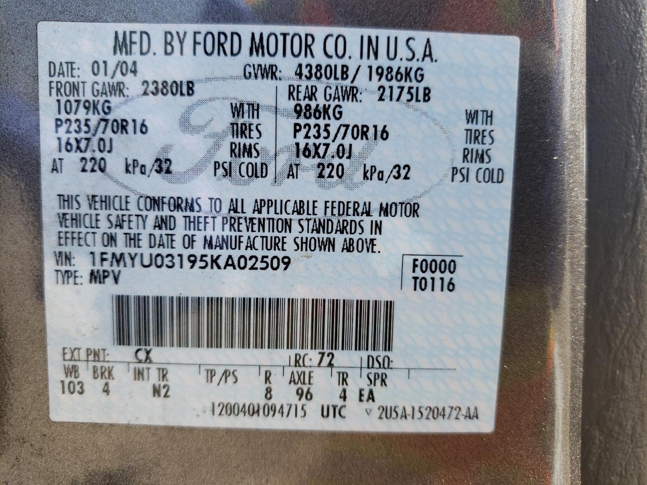 2005 Ford Escape Xlt VIN: 1FMYU03195KA02509 Lot: 41591122