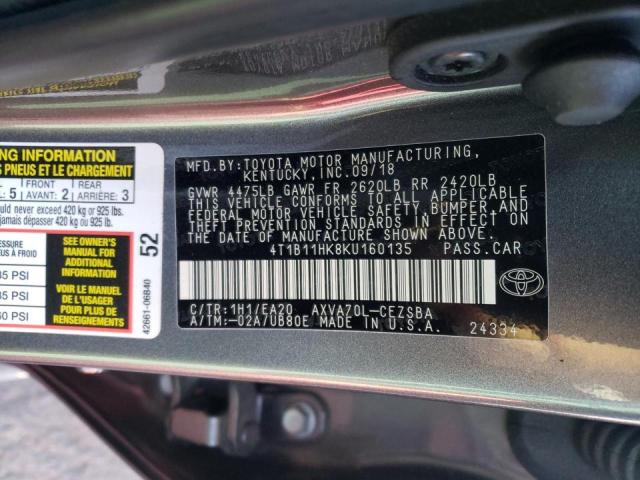 2019 TOYOTA CAMRY 4C 4T1B11HK8KU160135