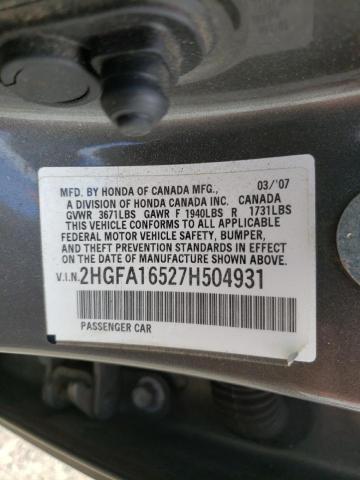 2HGFA16527H504931 Honda Civic Lx 2007. Фото: 9