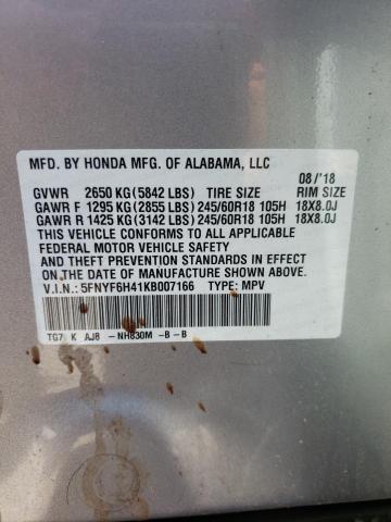 5FNYF6H41KB007166 Honda Pilot Exl 2019. Фото: 9