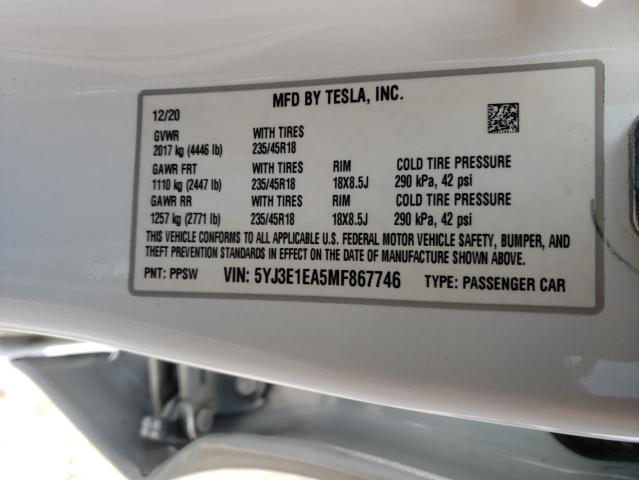 5YJ3E1EA5MF867746 Tesla Model 3 2021. Фото: 9
