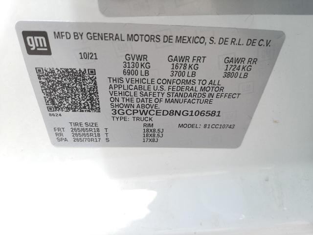 2022 CHEVROLET C1500 SILV 3GCPWCED8NG106581