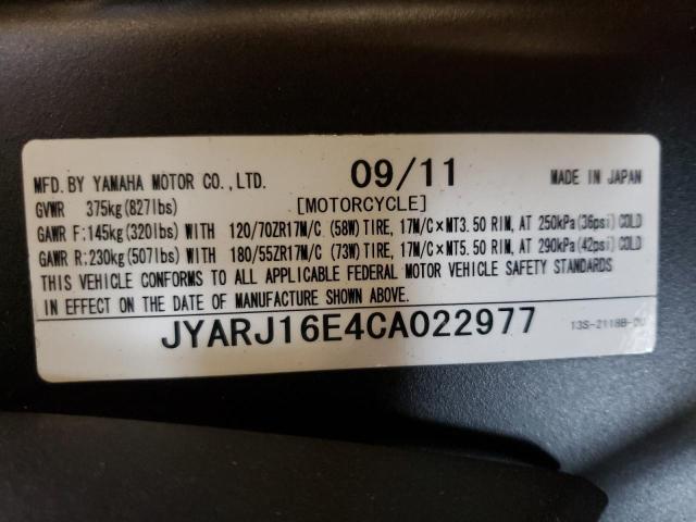 2012 YAMAHA YZFR6 JYARJ16E4CA022977