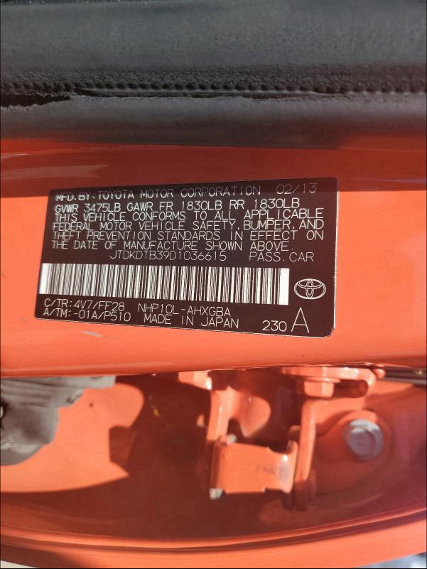 2013 TOYOTA PRIUS C JTDKDTB39D1036615