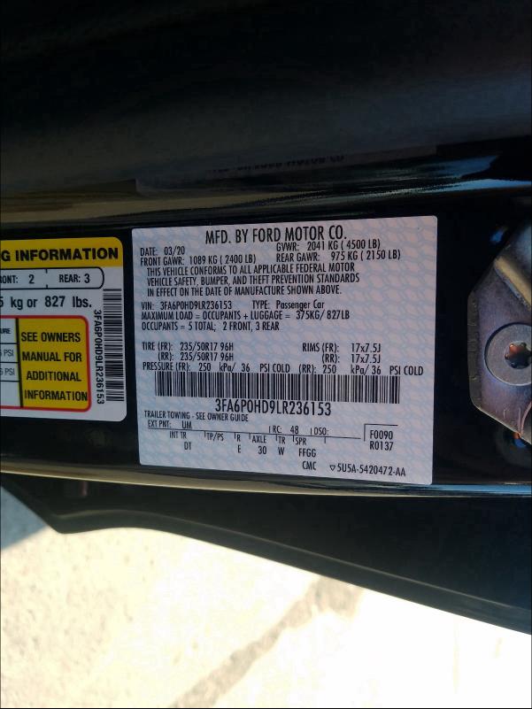 3FA6P0HD9LR236153 2020 FORD FUSION SE