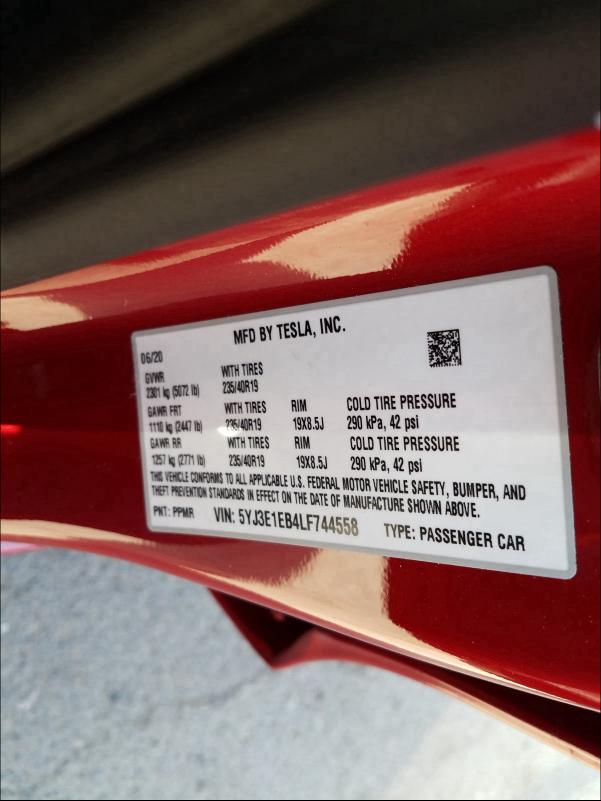 2020 TESLA MODEL 3 5YJ3E1EB4LF744558