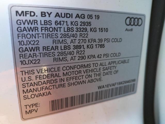 2019 AUDI Q8 PREMIUM WA1EVAF15KD040268