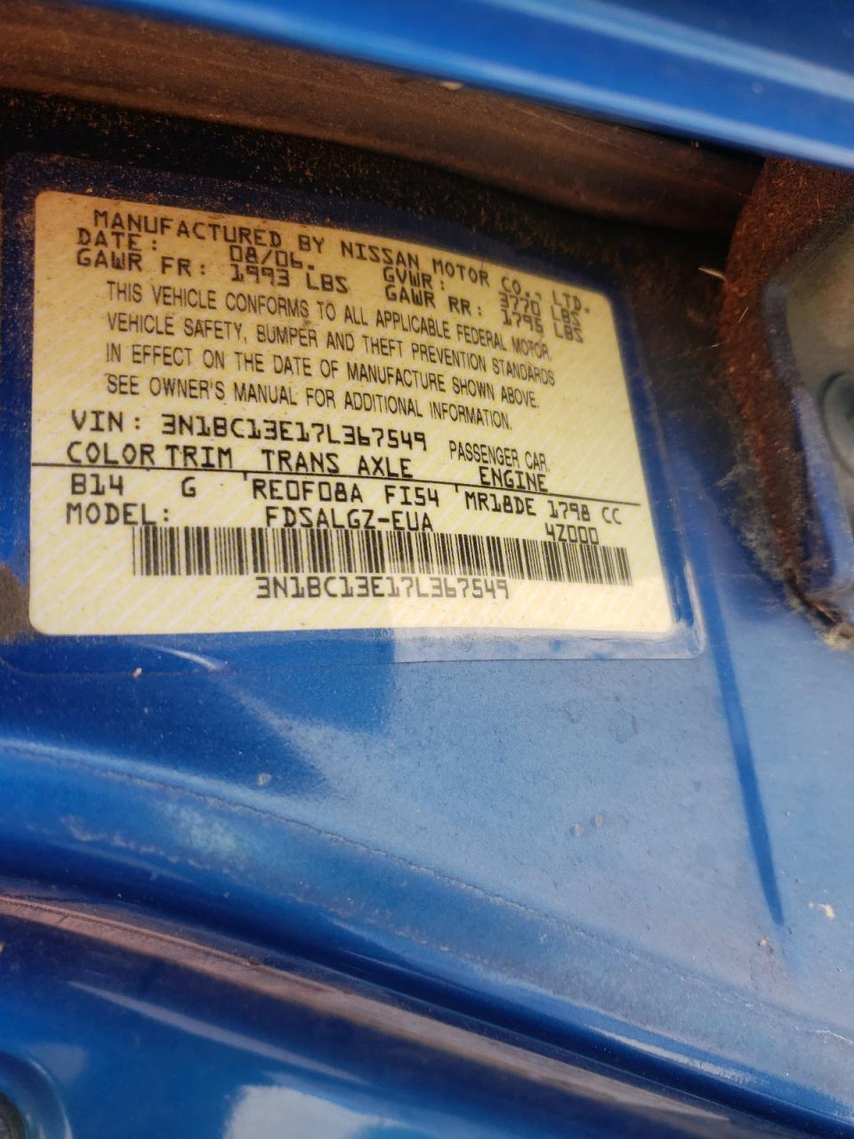 3N1BC13E17L367549 2007 Nissan Versa S