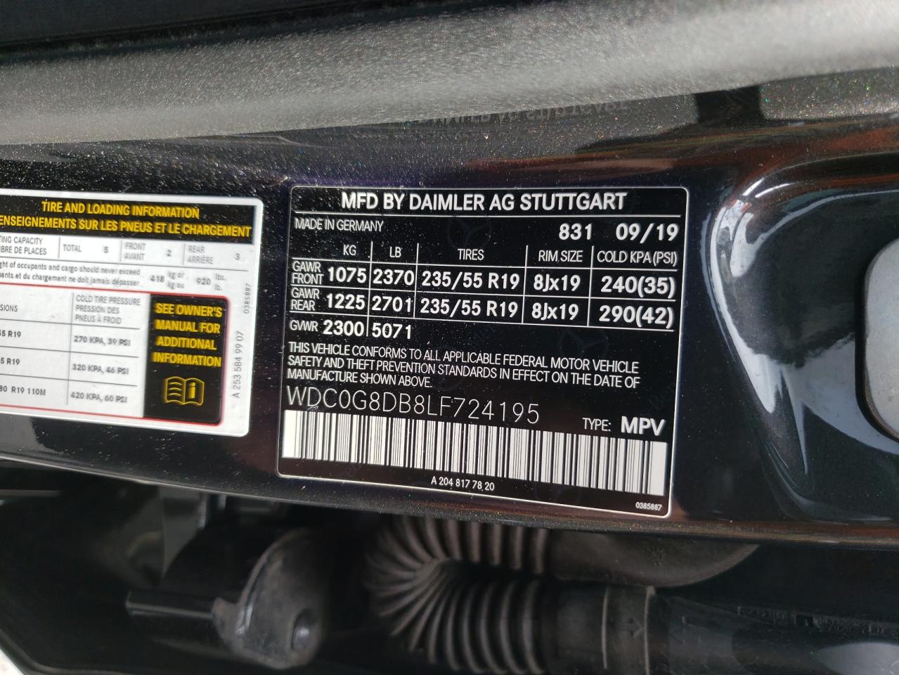 WDC0G8DB8LF724195 MERCEDES-BENZ GLC 300 2020