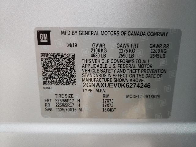 2GNAXUEV0K6274246 Chevrolet Equinox Lt 2019. Фото: 9