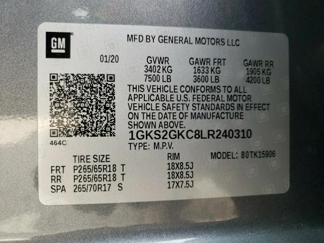 1GKS2GKC8LR240310 Gmc Yukon Xl K 2020. Фото: 9