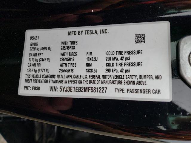 2021 TESLA MODEL 3 5YJ3E1EB2MF981227