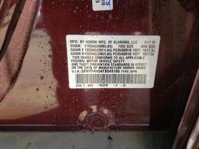 2015 HONDA PILOT EXL 5FNYF4H54FB049186