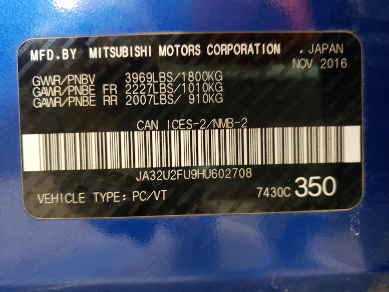 JA32U2FU9HU602708 2017 Mitsubishi Lancer Es