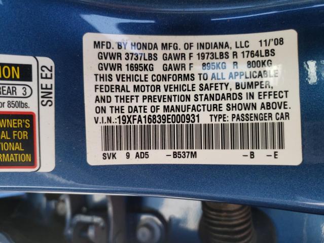 19XFA16839E000931 Honda Civic Ex 2009. Фото: 9