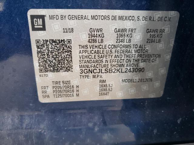 3GNCJLSB2KL243090 Chevrolet Trax 1Lt 2019. Фото: 9