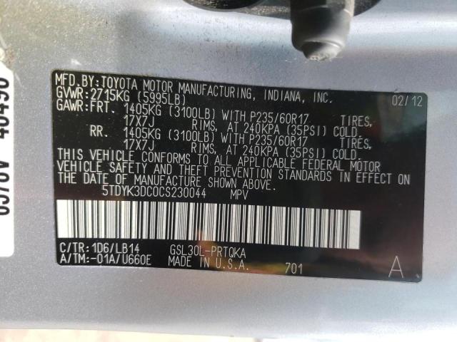 5TDYK3DC0CS230044 Toyota Sienna Xle 2012. Фото: 9