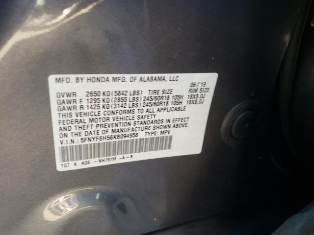 5FNYF6H56KB094958 Honda Pilot Exl 2019. Фото: 9