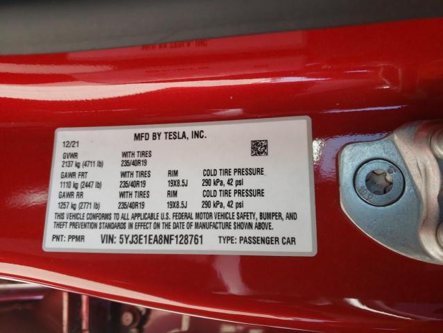 5YJ3E1EA8NF128761 Tesla Model 3 2022. Фото: 9