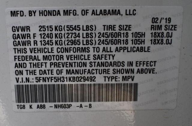 2019 HONDA PILOT EX 5FNYF5H31KB029492